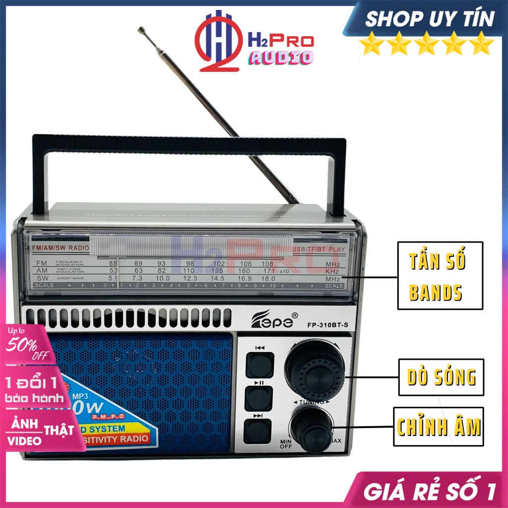 Đài Radio Fm-Am-Sw, Máy Nghe Nhạc Bluetooth Fepe Fp-310BT Usb-TF Cao Cấp, Tấm Sạc Mặt Trời, Quà 50k Pin Sạc-H2Pro Audio