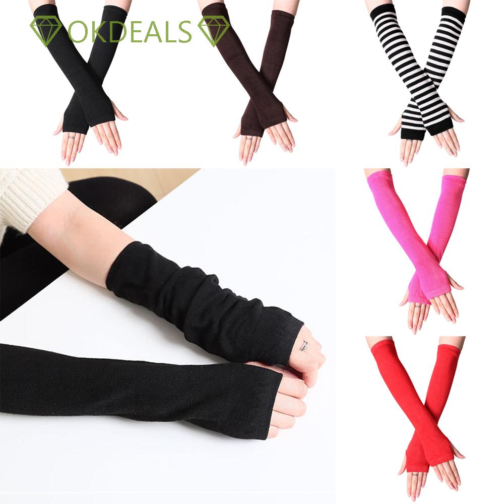 Găng Tay Dài Hở Ngón Bằng Cotton Dệt Kim Họa Tiết Kẻ Sọc Cổ Điển Dành Cho Nữ