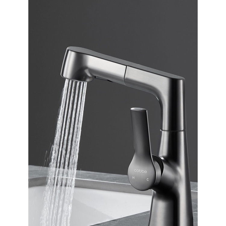 Vòi Nước Bồn Rửa Mặt Màu Xám Có Thể Nâng Lên Chống Văng Nước Nóng Và Lạnh