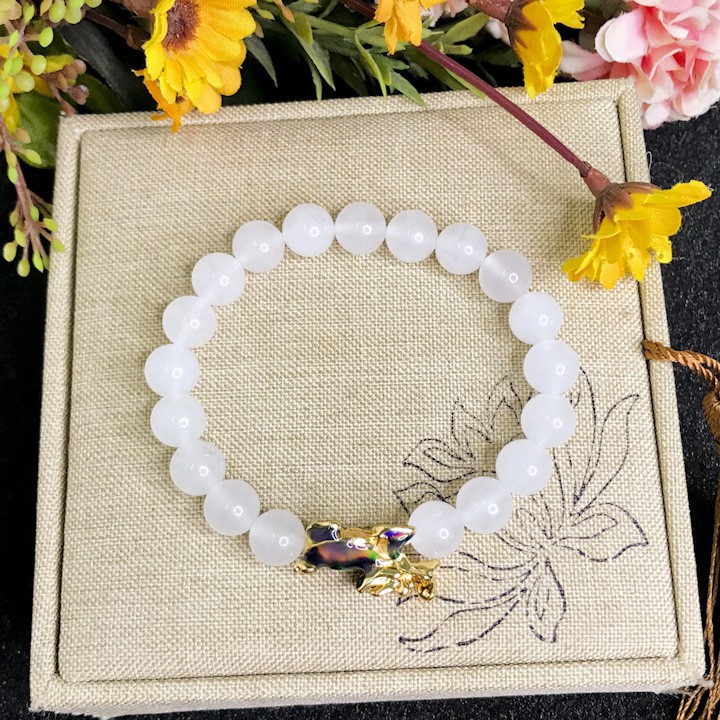 Vòng Tay Phong Thủy Mệnh Kim - Vòng Tay Nam Nữ Mã Não Trắng Mix long quy Vàng Đổi Màu 8mm V375-8