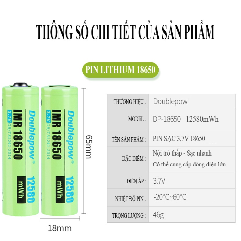 Pin sạc 18650 3,7V - 12580mWh chính hãng Doublepow công suất cao - Hàng xuất khẩu