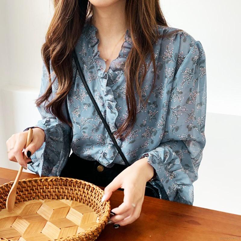 Áo Sơ Mi Dài Tay In Hoa Vải Chiffon Dáng Rộng