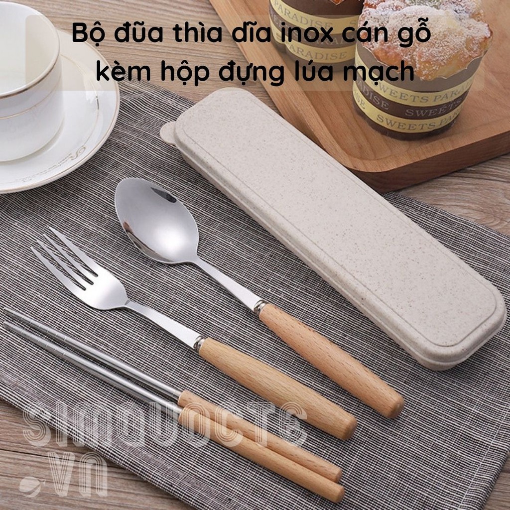 Bộ thìa đũa Inox cán gỗ tự nhiên kèm hộp đựng lúa mạch