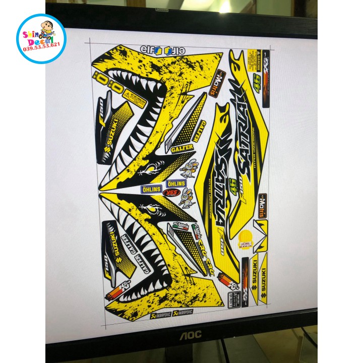 Tem xe satria fi cá mập dán xe đen