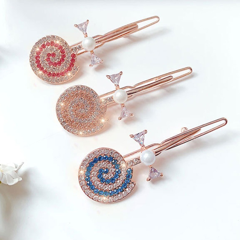 Kẹp Tóc Kẹo Mút Đính Đá &amp; Ngọc Trai Giả Bằng Kim Loại Kiểu Hàn Quốc Dễ Thương Cho Nữ
