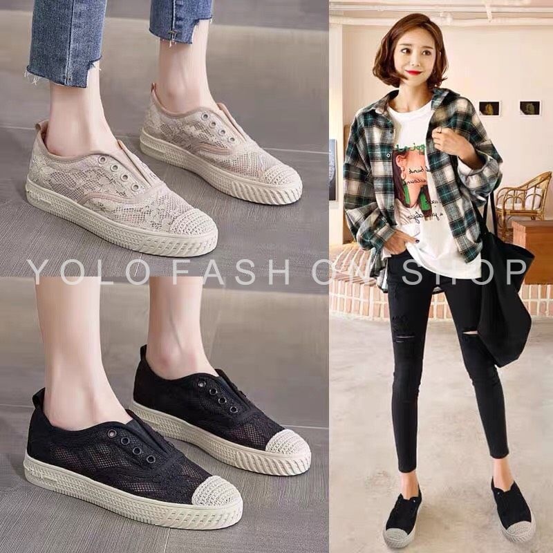 Giày lười slip on nữ dáng thể thao basic phối ren vintage siêu mềm êm chân  hàng cao cấp chuẩn đẹp-GL26