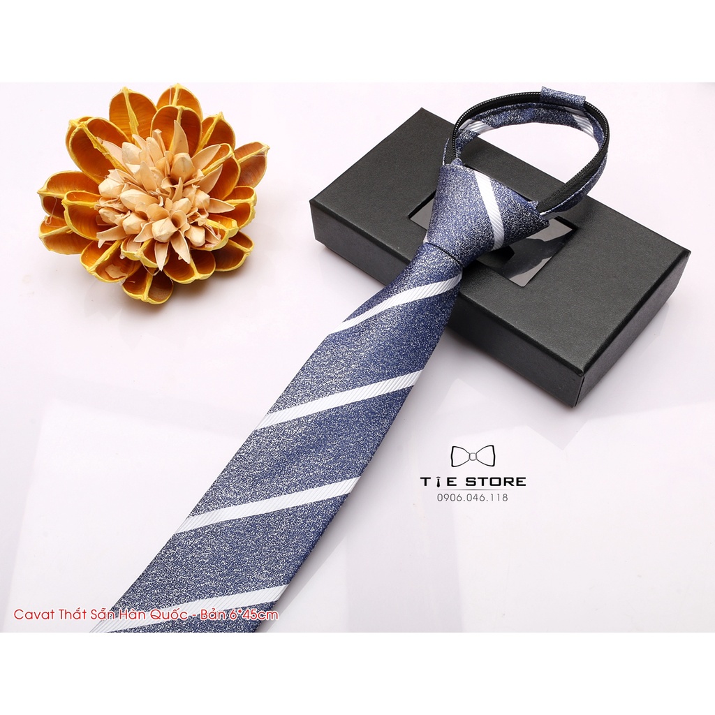 Cà vạt thắt sẵn Hàn Quốc bản nhỏ 6cm * 45cm - Tặng kèm hộp màu ghi xanh kẻ
