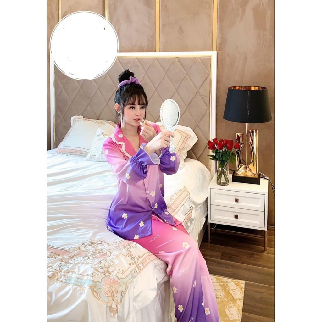 Đồ mặc nhà cao cấp- Bộ đồ ngủ pijama lụa cao cấp quần dài tay dài công chúa bánh bèo hàng đẹp chuẩn