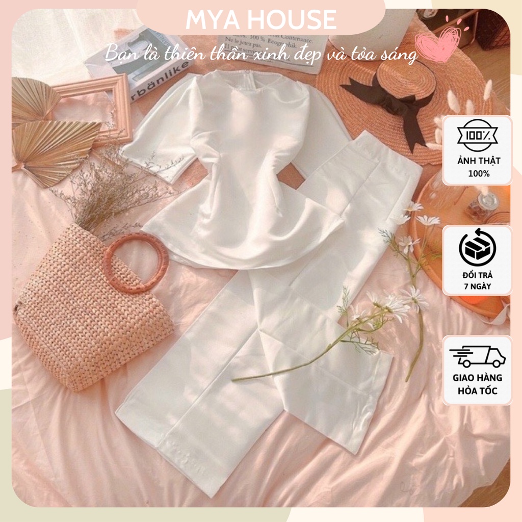 Set áo trắng tay phồng kèm quần ống đứng sang trọng thanh lịch