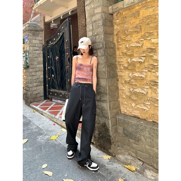 Quần Yếm Ống Rộng Lưng Cao Dây Rút Màu Đen Phong Cách Hip Hop Thời Trang Mùa Hè Cho Nữ