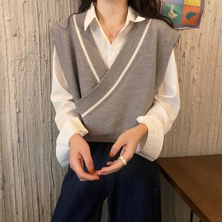38473 V-neck contrast loose sweater knit vest + Simple solid long sleeves shirt blouse women top