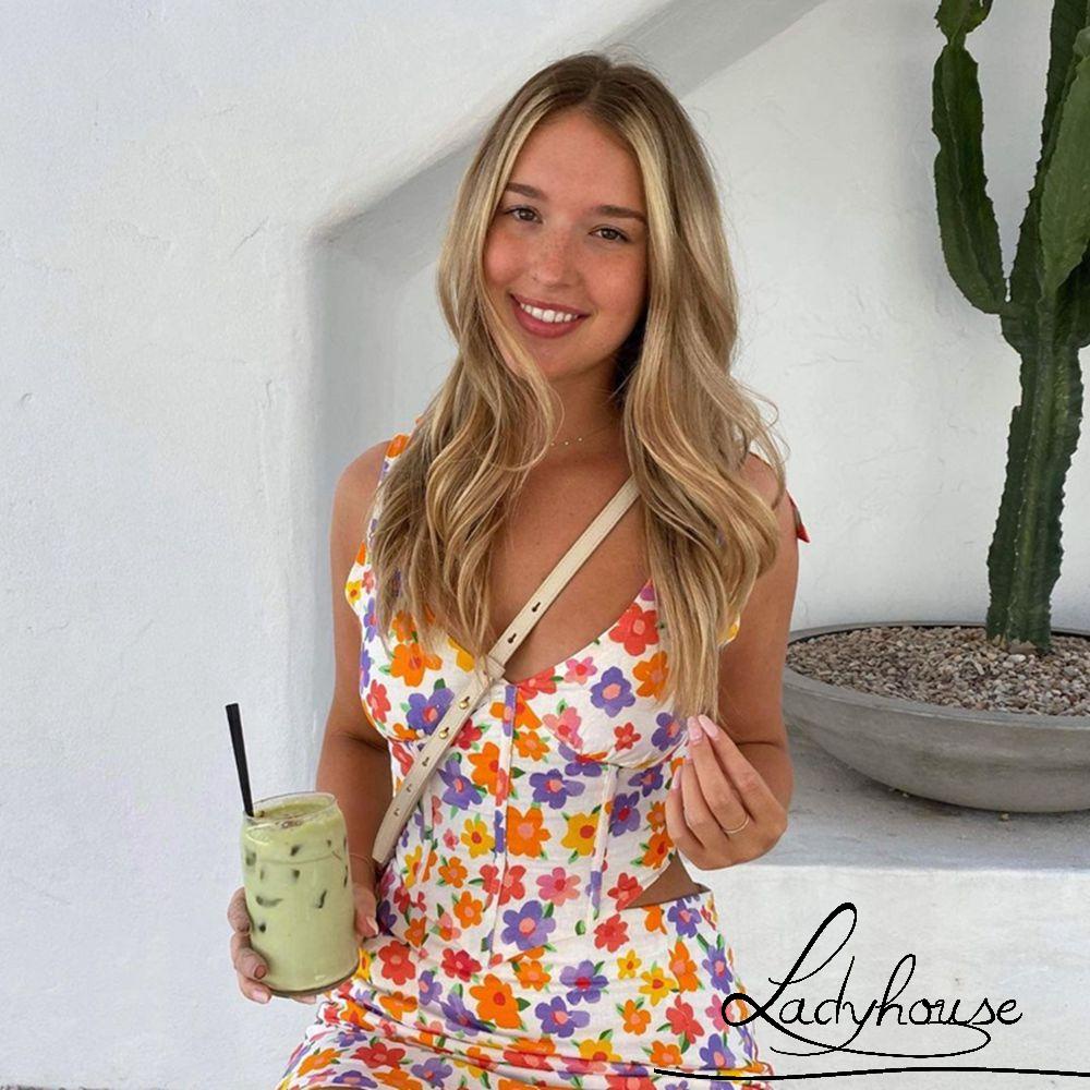 Áo Croptop Hai Dây Cổ Chữ V Không Tay In Họa Tiết Hoa Có Khóa Kéo Sau Lưng Cho Nữ