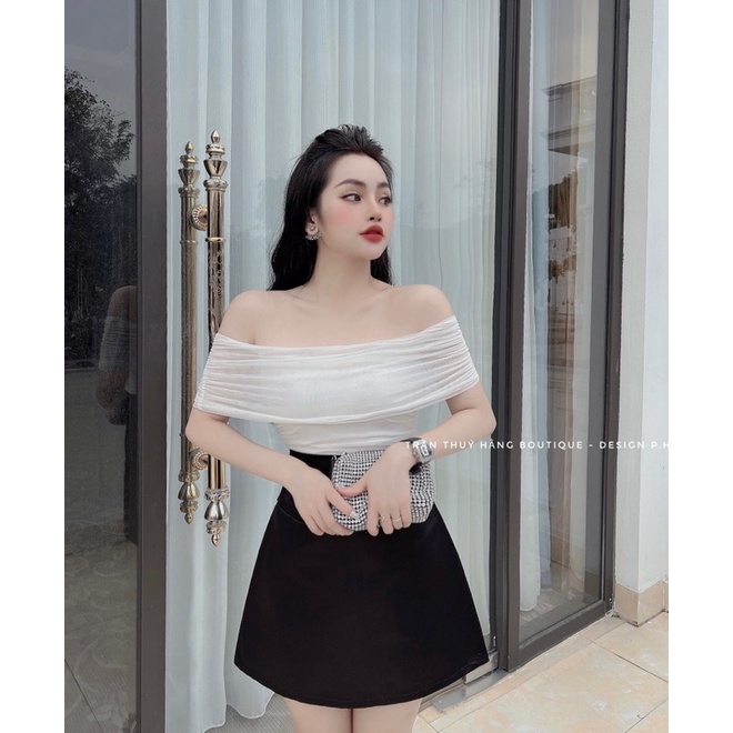 Set áo lưới trễ vai + chân váy dáng A