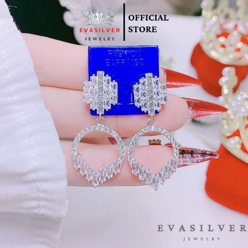 Bông tai bạc nữ kiểu thả hình tròn đính đá nhân tạo - Trang sức bạc Evasilver