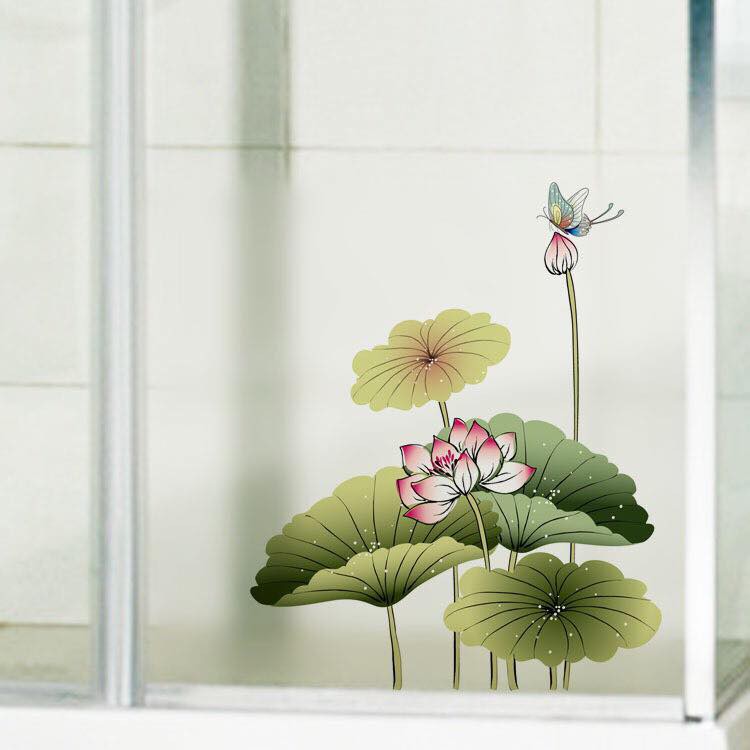 Decal trang trí kính cao cấp mẫu hoa sen ( 60cm x 58cm )