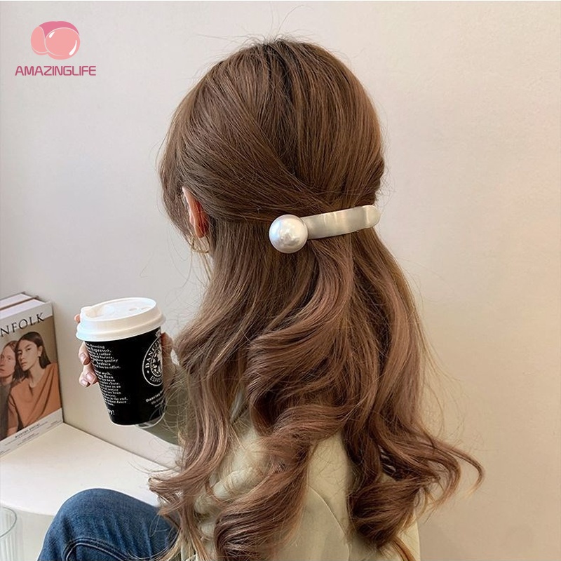 Kẹp Tóc Đính Ngọc Trai Bằng Kim Loại Màu Vàng/Bạc/Bạc Thiết Kế Hình Học Thanh Lịch Thời Trang Cho Nữ