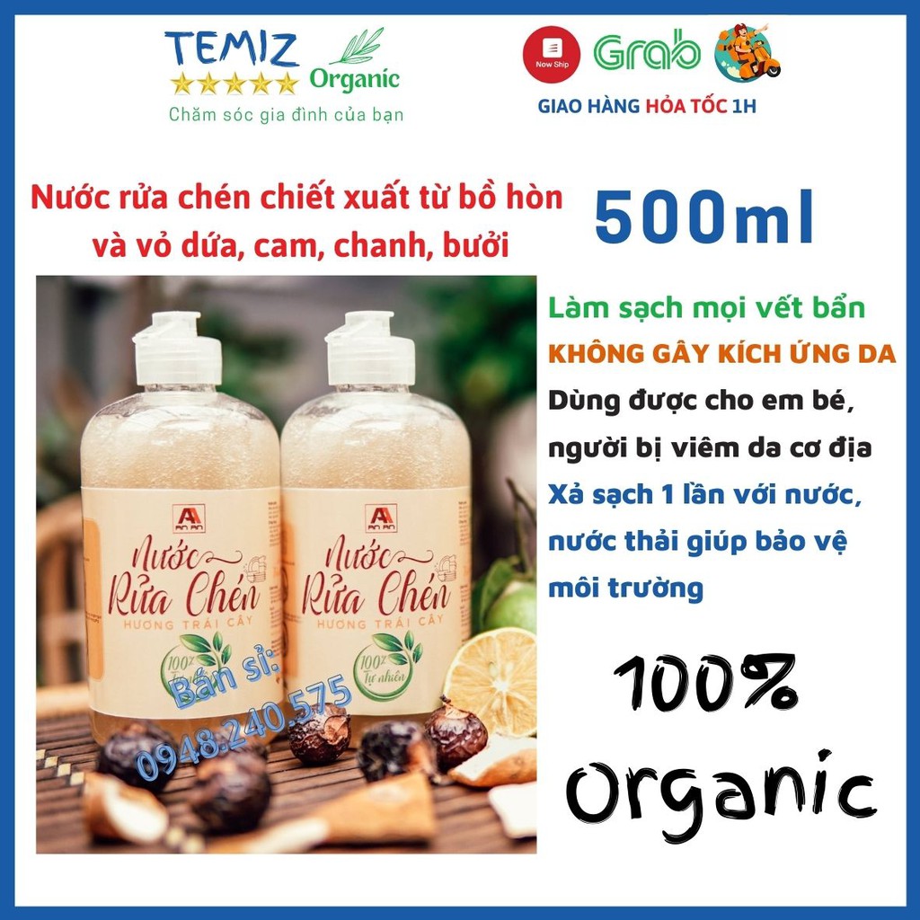 Nước rửa chén Hữu cơ sinh học, chiết xuất từ Bồ hòn và vỏ trái cây, Tinh dầu Thiên nhiên An toàn cho da nhạy cảm