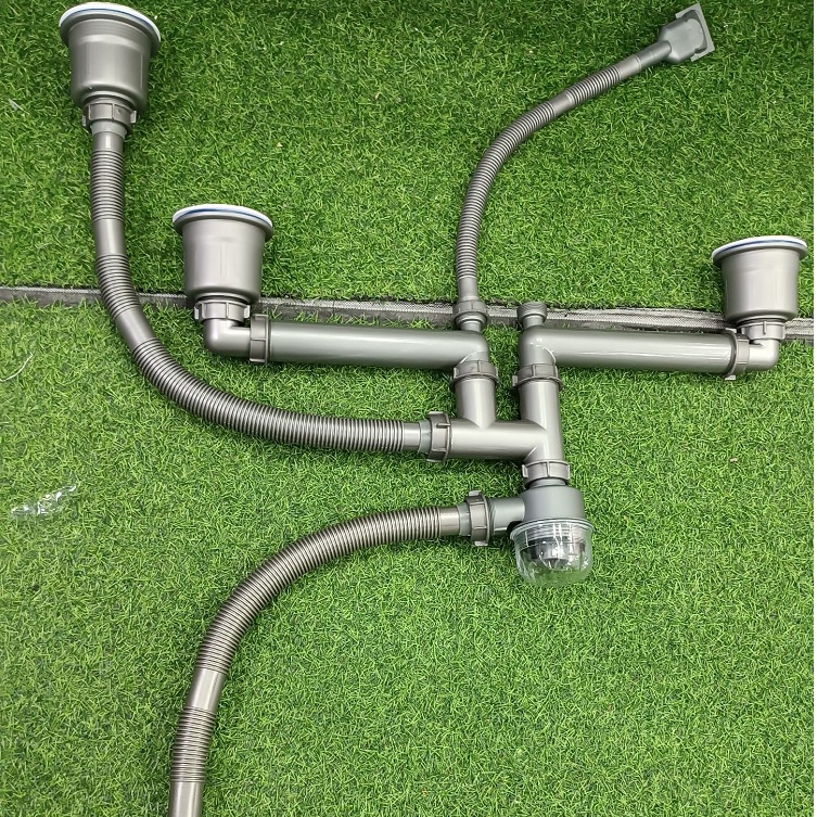 Bộ xả xiphong thoát nước chậu rửa chén 3 Hố cao cấp thoát nước nhanh, ngăn mùi chống côn trùng bò ngược
