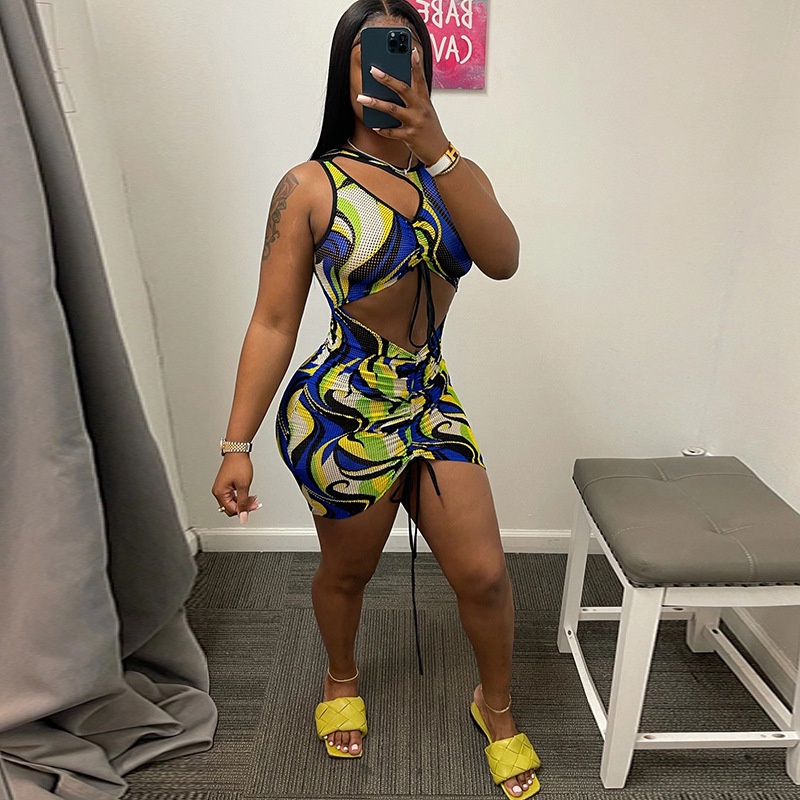 Đầm Sát Nách Cổ Tròn Phối Dây Rút Kẻ Sọc Thời Trang Đường Phố Cho Nữ