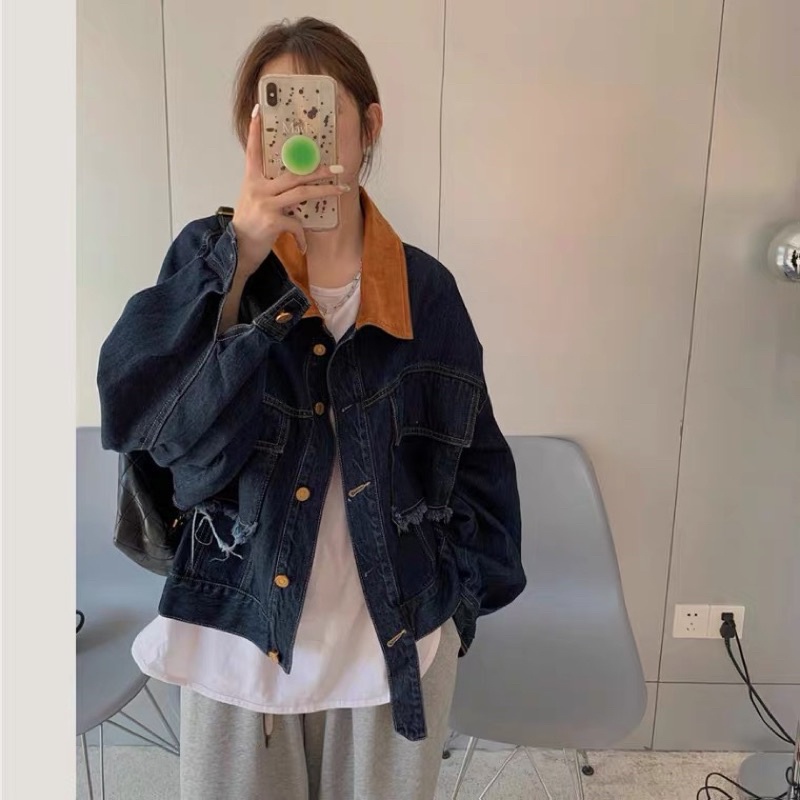 Áo khoác jeans demin nữ phối cổ nâu hottrend