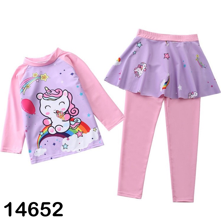 Bộ bơi Bigbaby, bộ bơi tay dài quần dài/ bộ liền váy kèm nón cho bé gái họa tiết pony siêu đáng yêu cho bé 17-42KG