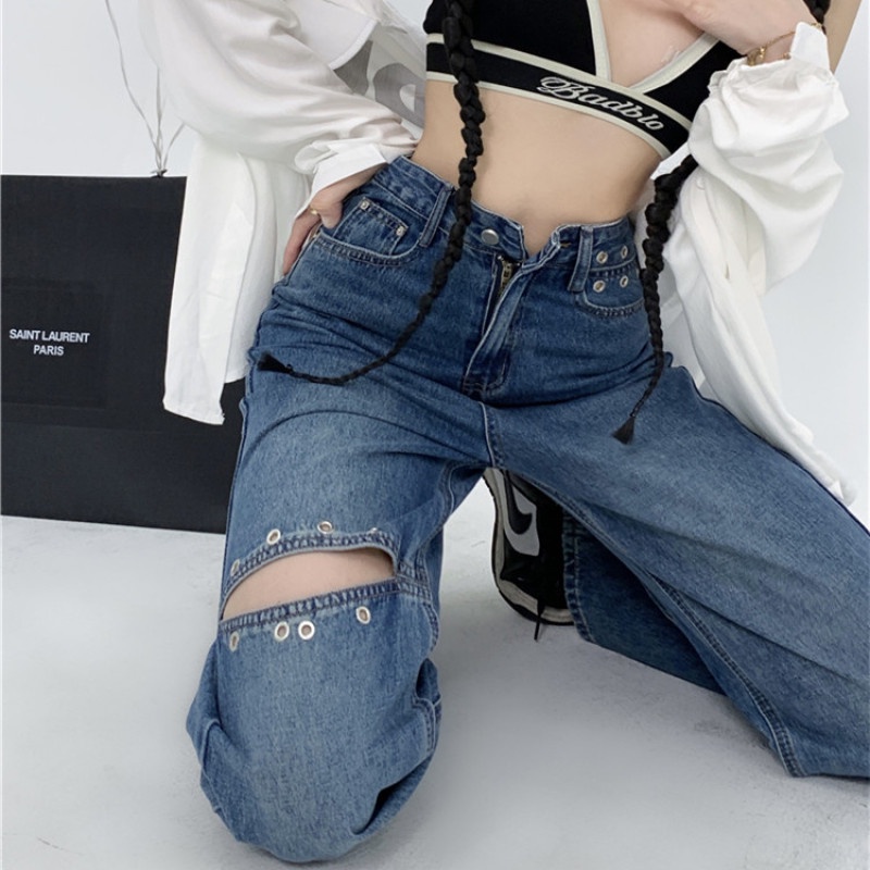Quần Jean Nữ Lưng Cao Rách Gối Thời Trang