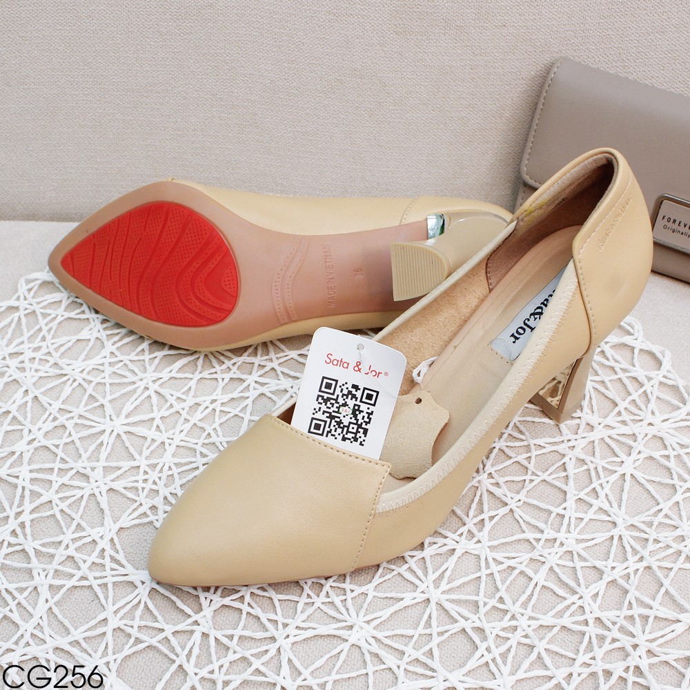 (Lẻ size 37 38 SALE 179k) - Giày Cao Gót Nữ Sata Mũi Vát Nhọn Công Sở Gót Trụ Cao 8CM - Chất Da Thật Êm Chân CG255/56