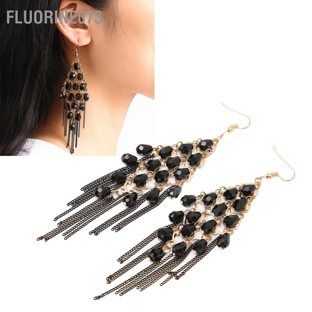 Fluorine073 Tua cườm Bông tai Hợp kim Giả Pha lê Dài Màu đen Thả Dangle rua Quà tặng cho Phụ nữ