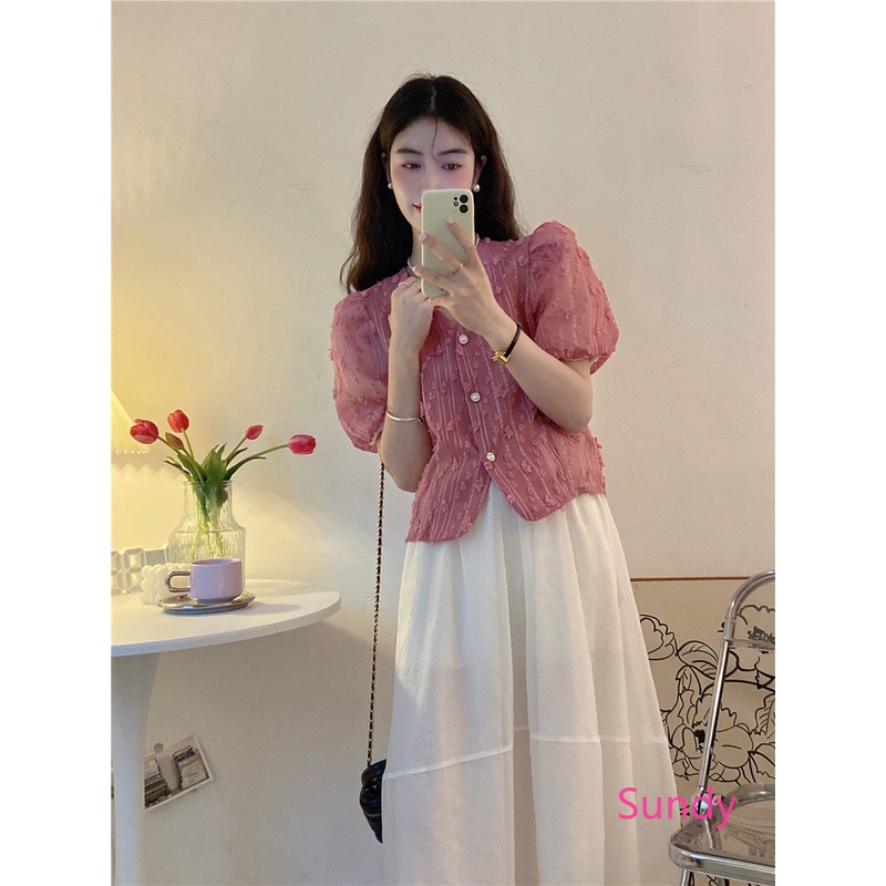 Áo Kiểu Tay Phồng Cổ Chữ V Plus Size Thời Trang Mùa Hè Phong Cách Pháp Cho Nữ