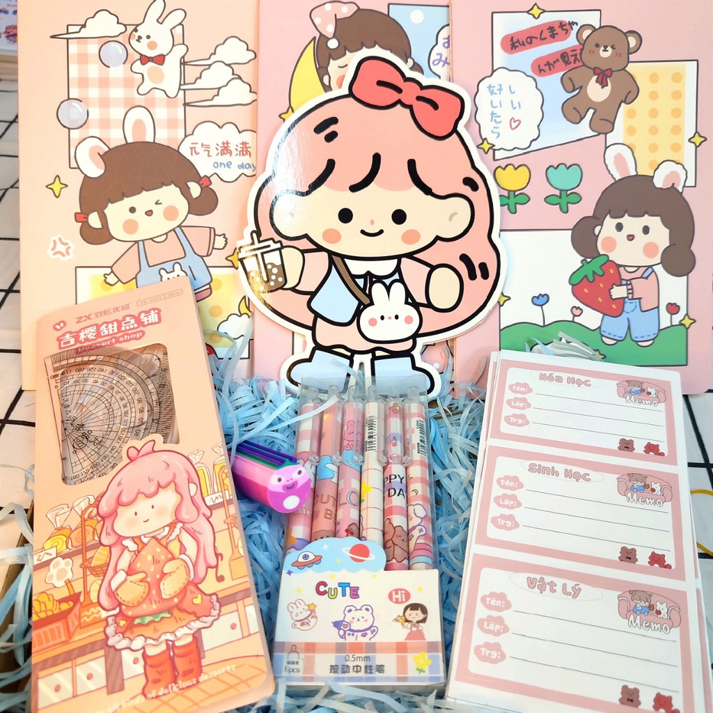 Set quà đồ dùng học tập, sinh nhật bút thước vở tẩy siêu cute