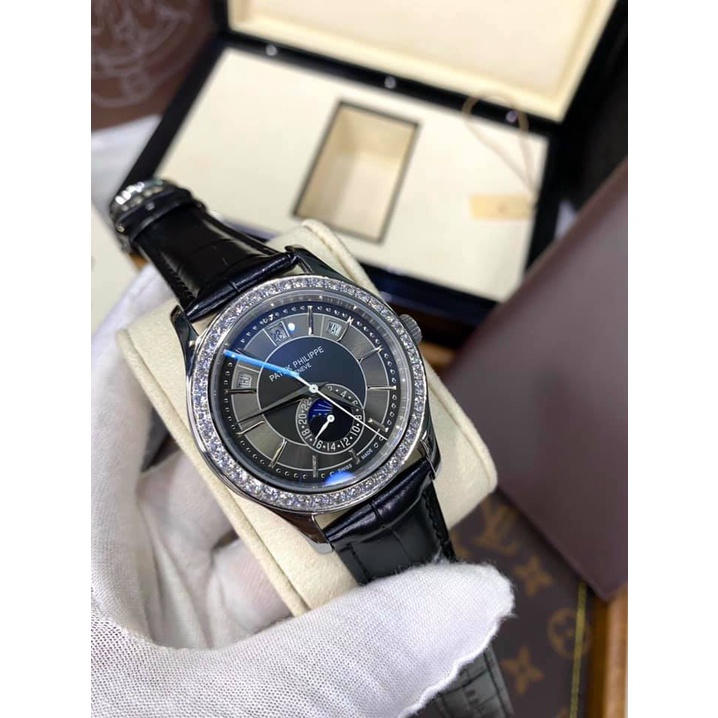 Đồng hồ Nam Ptek vành đá trăng sao máy nhật chạy cơ Automatic có thứ ngày tháng vỏ trắng dây da