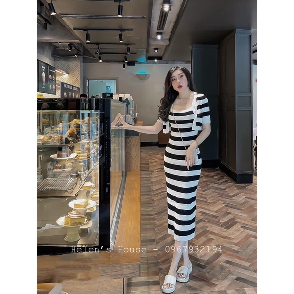 Set váy len kẻ hai dây mix áo khoác cadigan tay lỡ, dáng váy maxi dài quá gối V073