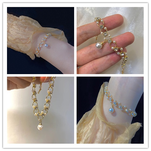 Vòng Tay Chuỗi Hạt Ngọc Trai Kim Cương Phong Cách Hàn Quốc