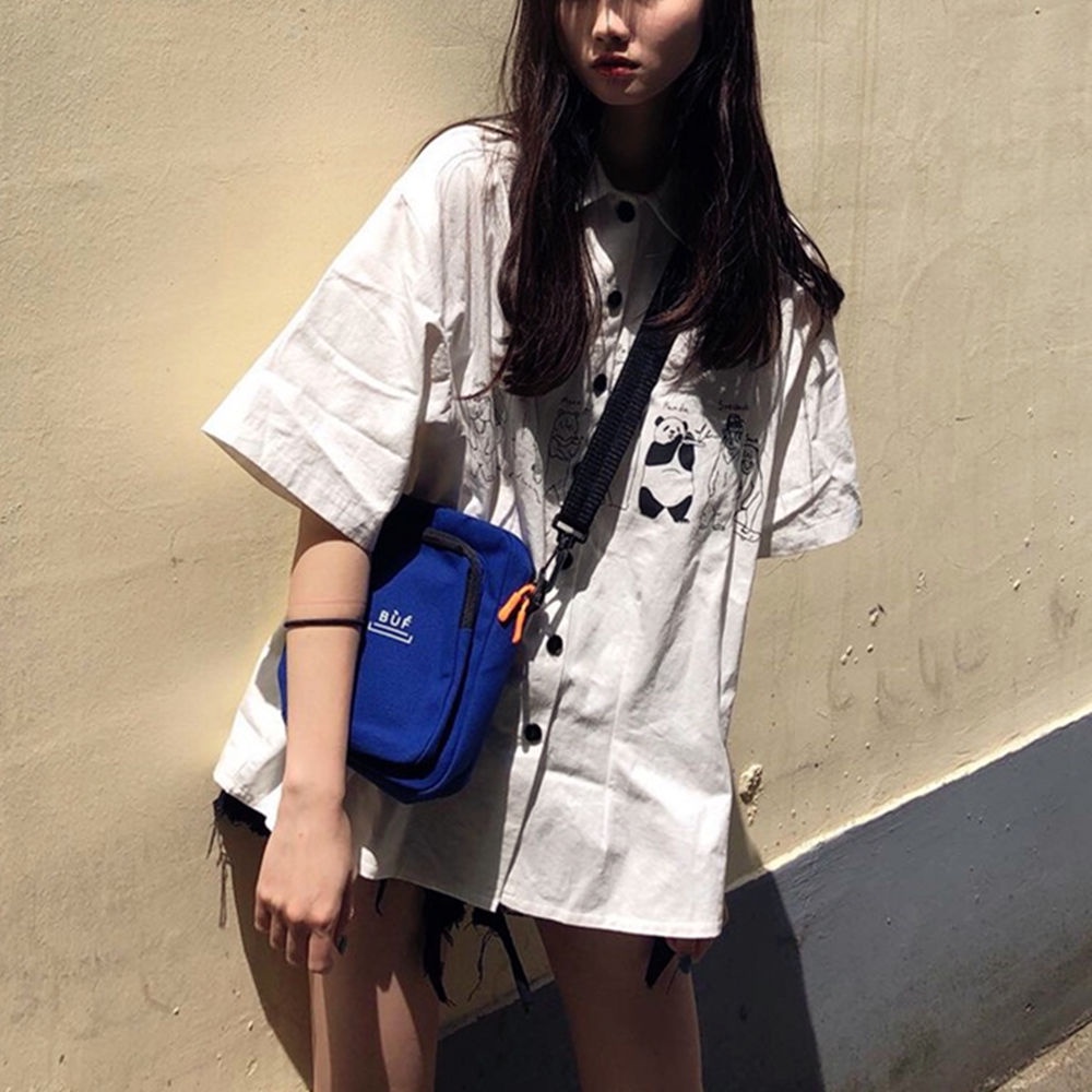 Áo sơ mi IELGY tay ngắn dáng rộng in họa tiết hoạt hình phong cách Hàn Quốc thời trang cho nữ