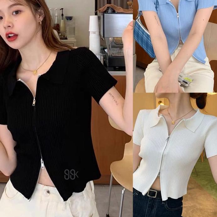 Hàn Quốc Crop Top Áo Sơ Mi Có Dây Kéo Áo Sơ Mi C209