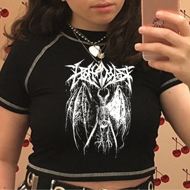 Áo Thun Croptop Tay Ngắn Màu Đen In Hình Bộ Xương Phong Cách Gothic Harajuku Cá Tính Dành Cho Nữ