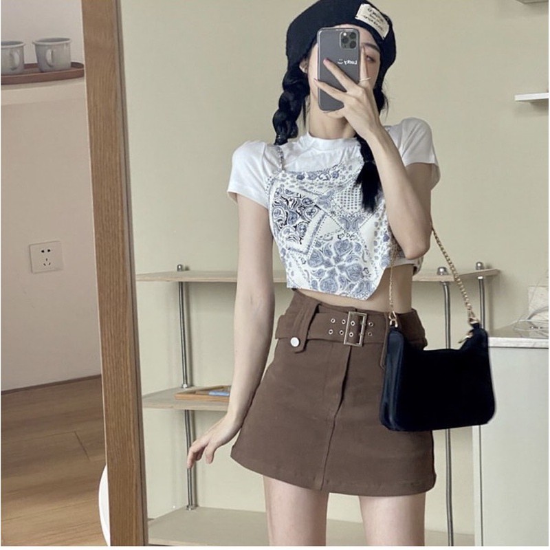 [Mã SKAMSALE06 giảm 10% tối đa 100K đơn 150K] Set croptop thổ cẩm nơ lưng kèm áo thun trắng