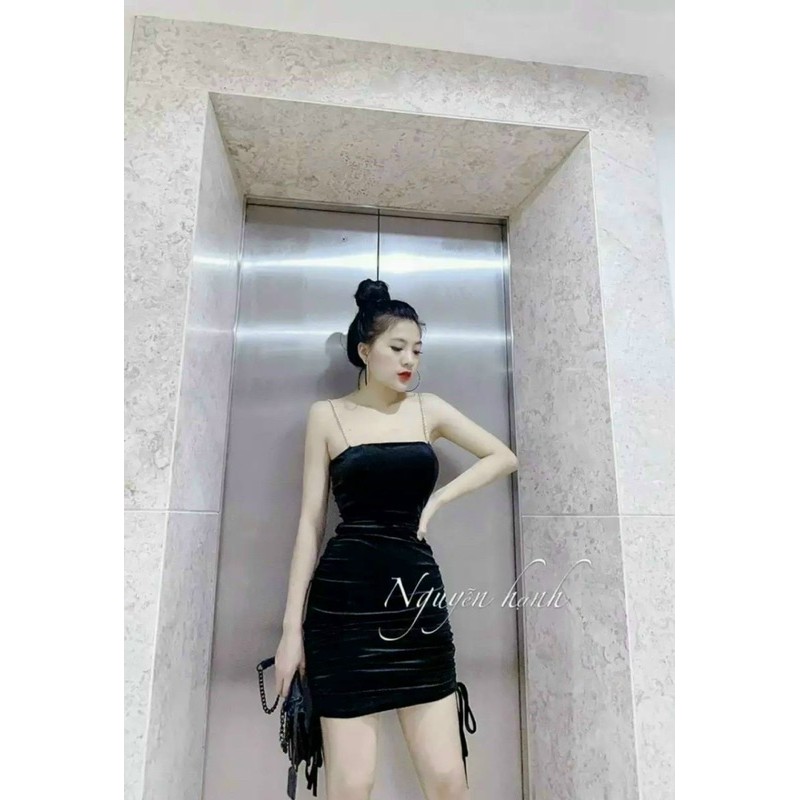 đầm nhung 2 dây xích dây rút | BigBuy360 - bigbuy360.vn