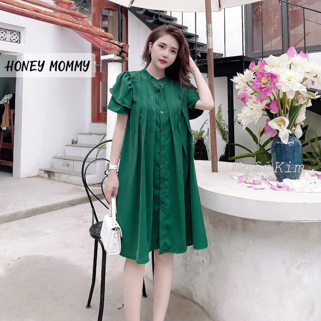 Váy Bầu Sơ Mi Cổ Tàu Xếp Ly Dáng Suông Công Sở Đầm Bầu Hè Ngắn Tay Đi Làm HD2626 Honey Mommy