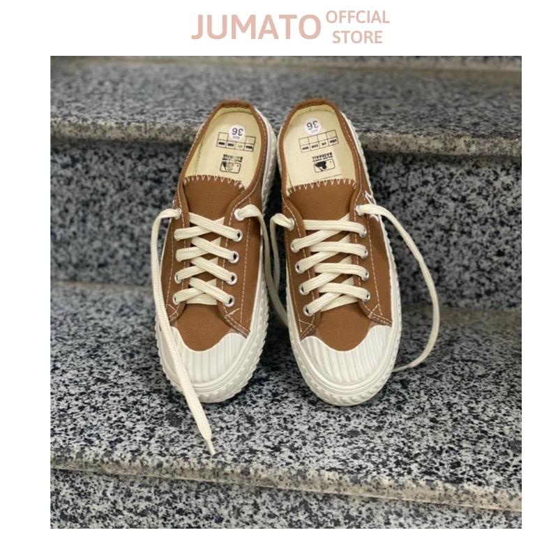 Giày sục thể thao nữ thêu chữ N.Y đạp gót đế bánh mì 3cm màu nâu tây hot trend 2022 JUMATO