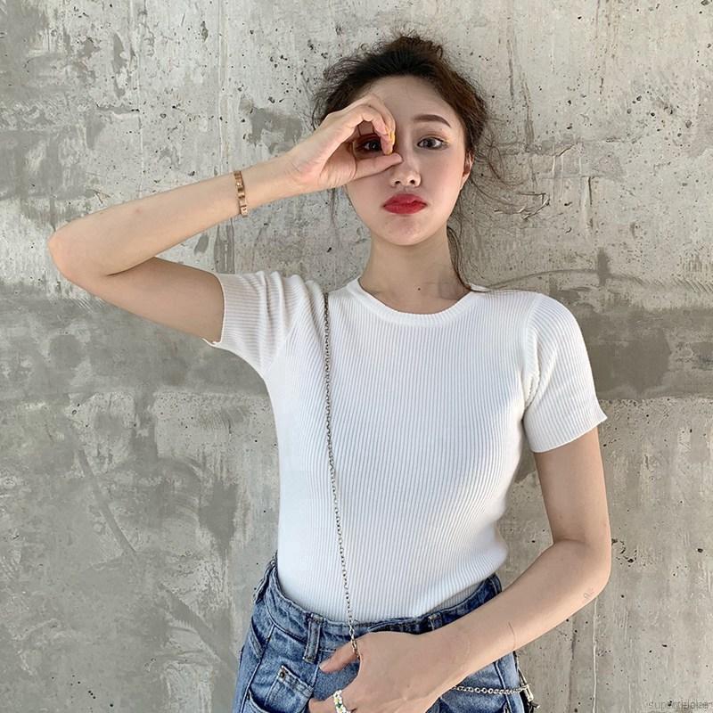 Áo dệt kim dáng ôm tay ngắn cổ tròn gợi cảm phong cách Hàn cho nữ | BigBuy360 - bigbuy360.vn