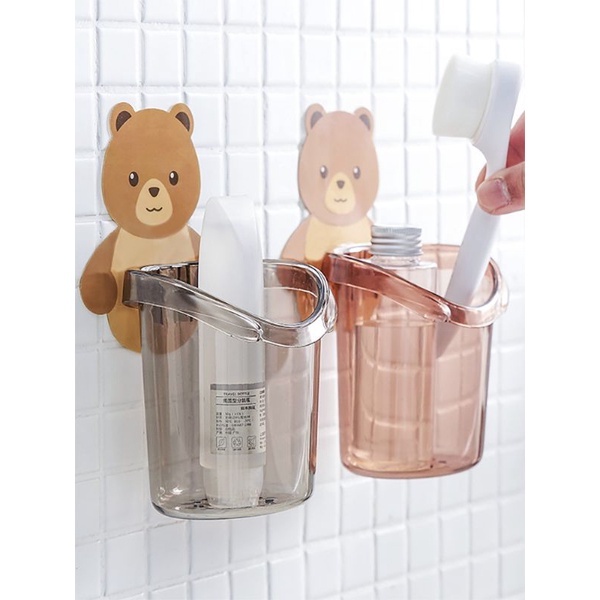(đã kèm móc dán) cốc đựng bàn chải, kem đánh răng, đồ vặt hình gấu dán tường Chum N15 A0.1