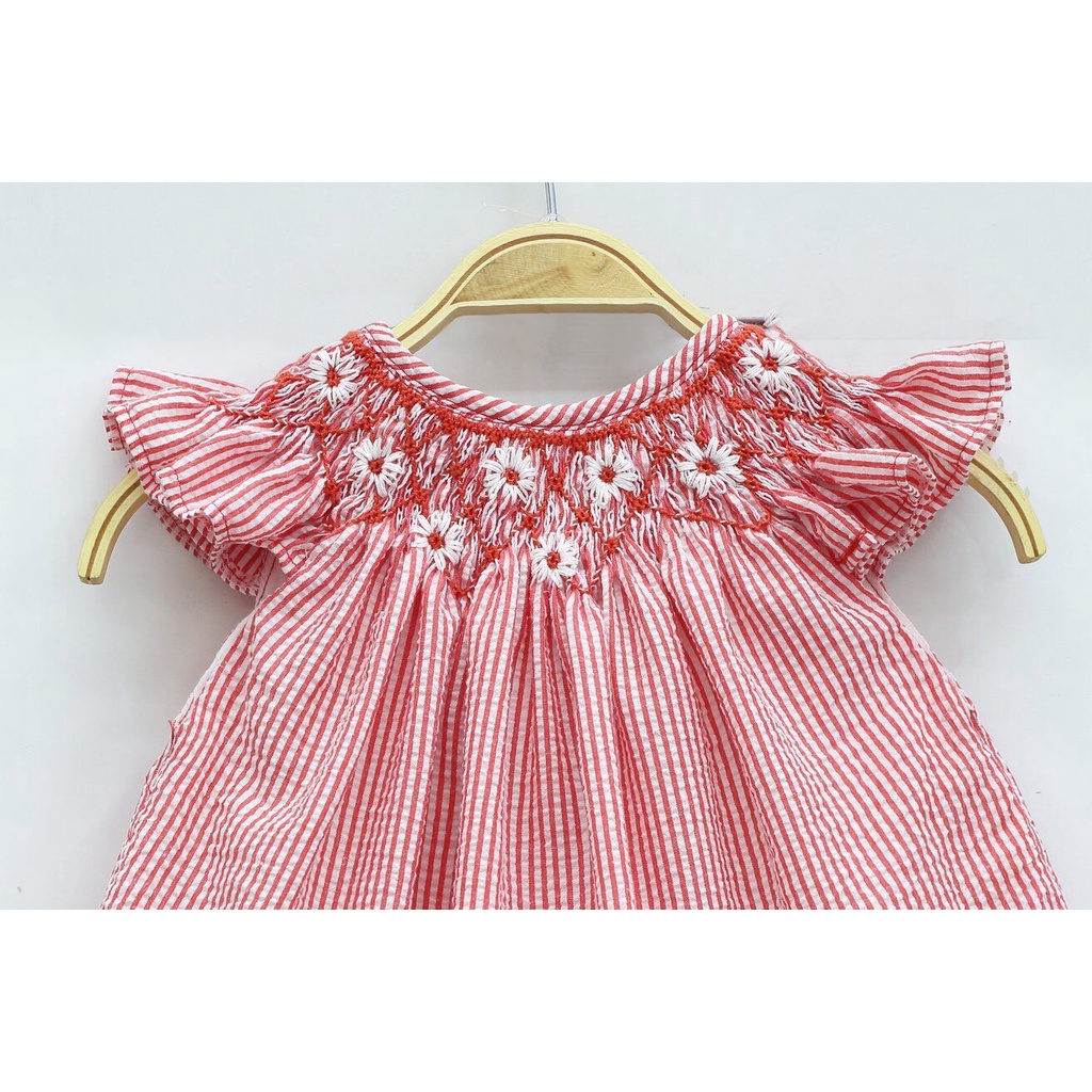 Váy Đầm Cho Bé Gái, Đầm Smock Thêu Tay Kiểu Cánh Tiên Họa Tiết Sọc Phong Cách Bánh Bèo Dễ Thương Size 1 Tuổi -10 Tuổi
