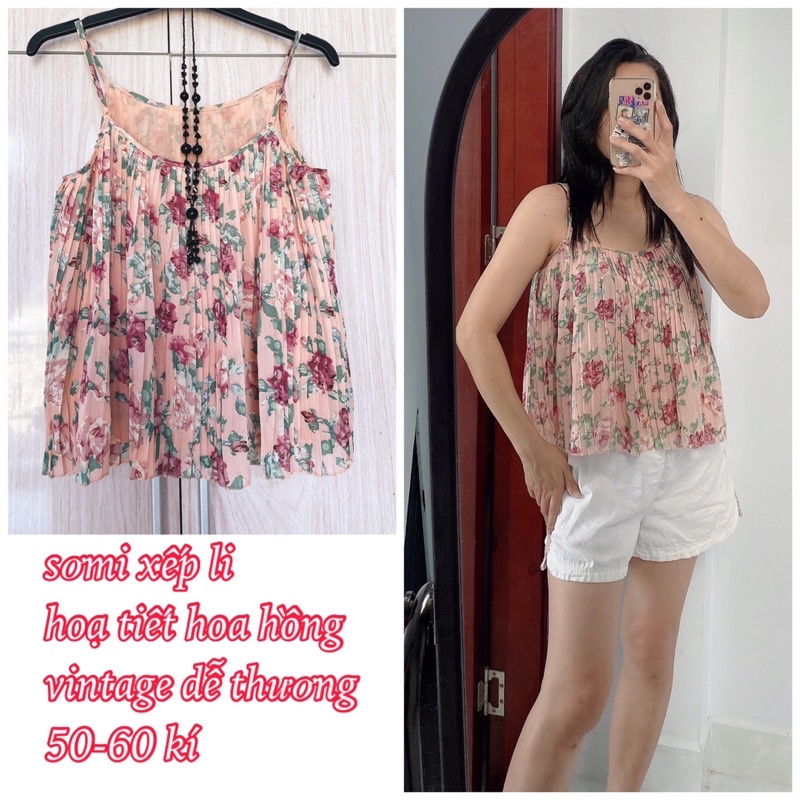 Ái hai dây vintage chất xếp li hoạ tiết