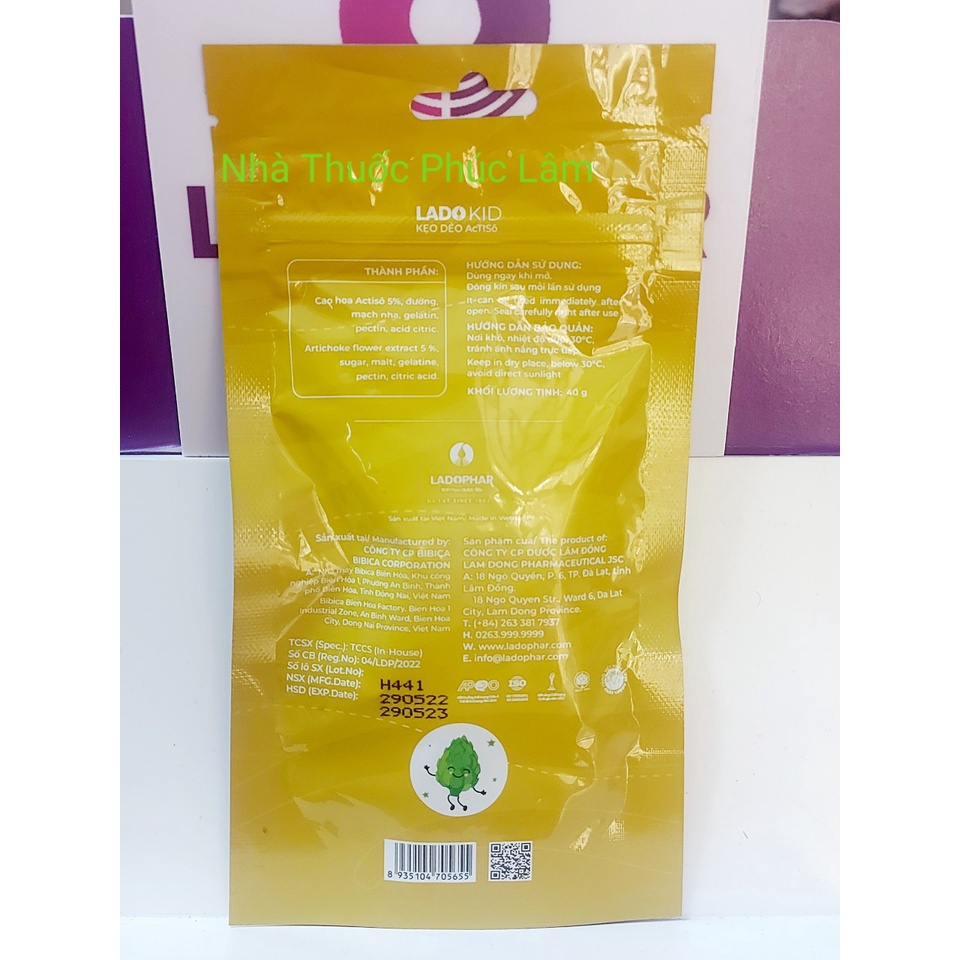 Kẹo dẻo Atiso túi 40g Ladophar. LadoKId dùng cao hoa actiso bổ dưỡng