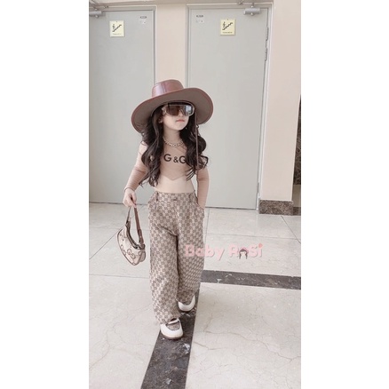 Sét áo yếm tay đai kèm quần ống rộng GG cho bé gái