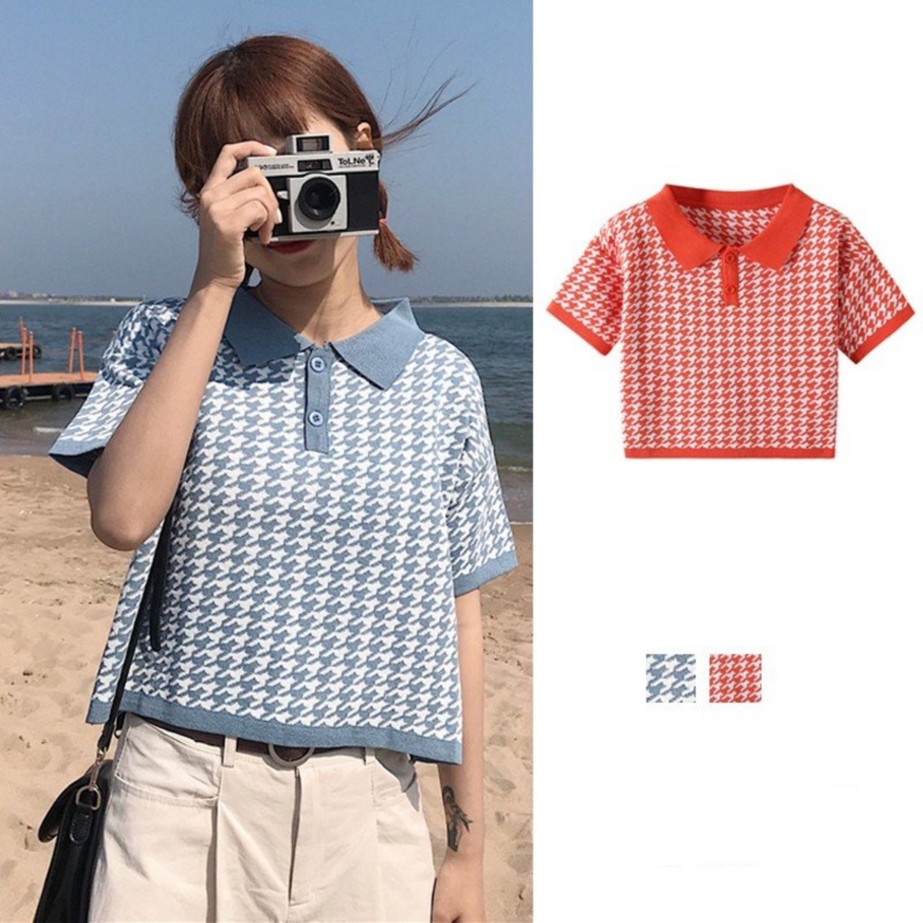 Áo Croptop Dệt Kim Tay Ngắn Dáng Rộng Cổ Bẻ 2 Màu Phong Cách Hàn Quốc Thời Trang Cho Nữ B-12