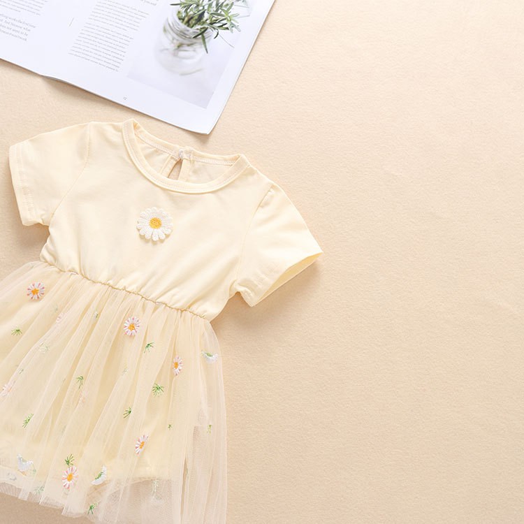 Áo Liền Quần Bằng Cotton Tay Ngắn Phối Lưới Thêu Họa Tiết Dễ Thương Thời Trang Cho Bé Gái Sơ Sinh 0470