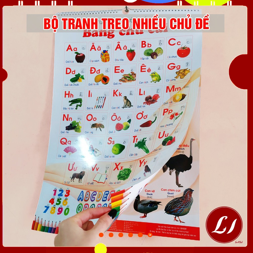 Bộ Tranh treo tường song ngữ 12 chủ đề cho bé (6 tờ 2 mặt) - loại lớn