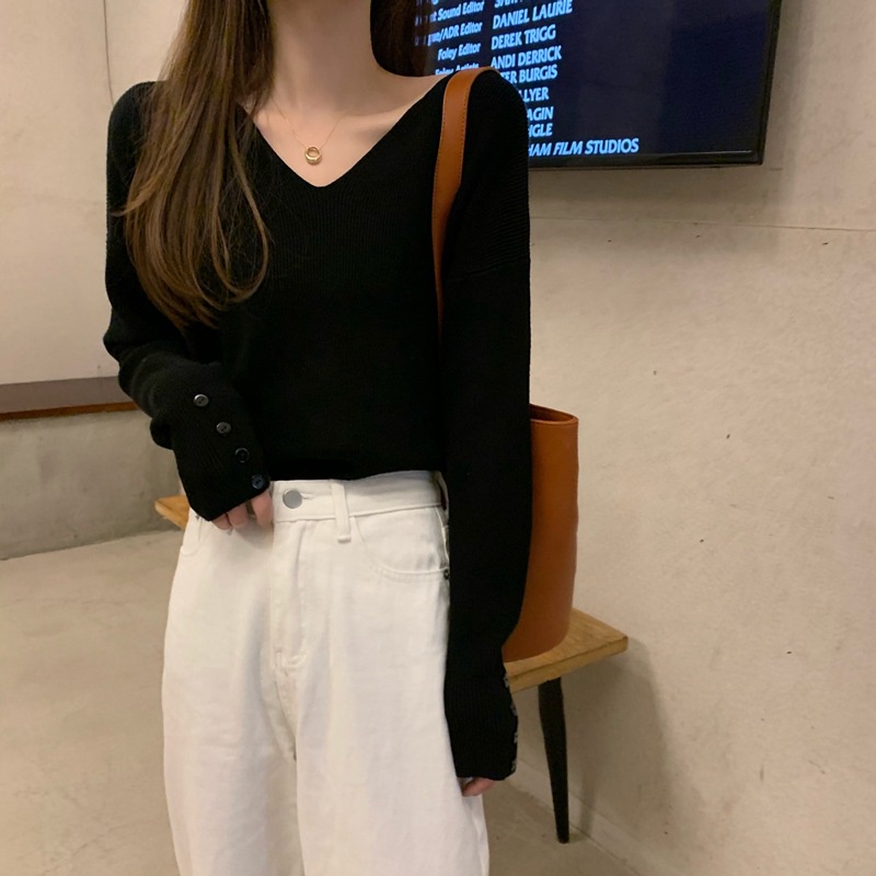 Áo sweater Ielgy tay dài cổ chữ v dáng rộng thời trang cho nữ